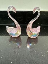 Vintage Iridescent Pink Handblown Glass Swan Matching Set Of 2