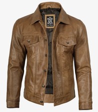 Men's Real Leather Trucker Style Vintage Camel Brown Jacket With Free Shipping