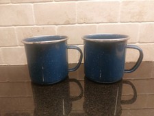 Pair Highlander Deluxe Enamel  Camping Mugs Metal Army Hydration Blue Speckled