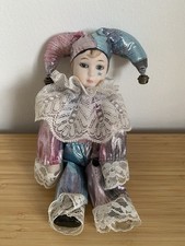 Vintage Sitting Clown Jester Doll Blue Pink Purple Star Outfit with Hat Bells