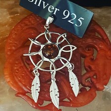Large Silver And Amber Large Dream catcher Pendant  and Necklace