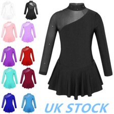 UK Girls Long Sleeve Ballet Dance Leotard Dress Ice Skating Gymnastic Dancewear