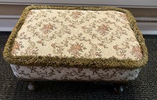 VINTAGE RECTANGLE SHAPED FLORAL CLOTH COVERED FOOT STOOL DECORATIVE FRINGE.