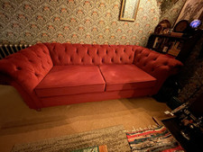 NEXT 3 SEATER MULBERRY MAROON RED VELVET CHESTERFIELD SOFA AND CHAIR