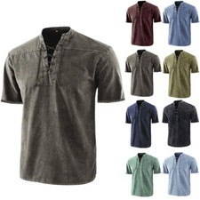 Mens Summer Casual Solid Short Sleeve T Shirt Grandad Collar Tops Muscle Shirts
