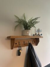 Wooden Coat Rack and Shelf Handmade 4 Brass Hooks Wall Mounted Solid Oak