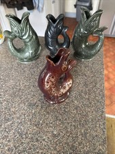 Vintage Fosters Studio Pottery Green Fish Glug Gurgle Jug / Vase 20cm X4 Seal