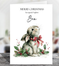 Personalised Cute Snowy Rabbit Glossy Christmas Greetings Card - Choose Size