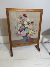 Antique Fire Screen Oak Needlepoint Floral FREE Postage 