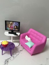 Barbie Living Room Playset Dolls Furniture Chair Tv Accessories Cat Mattel