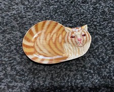 Vintage Cat Design Lacquered Miniature Trinket Dish, Hand-Painted Ginger Tabby