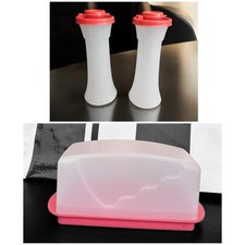 New Tupperware Butter Dish 1 Pound  and 6" Salt & Pepper Shakers Guava/Coral