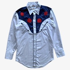 Vintage 90s Men's Barb Western Floral Embroidered White Shirt Texas Cowboy Retro