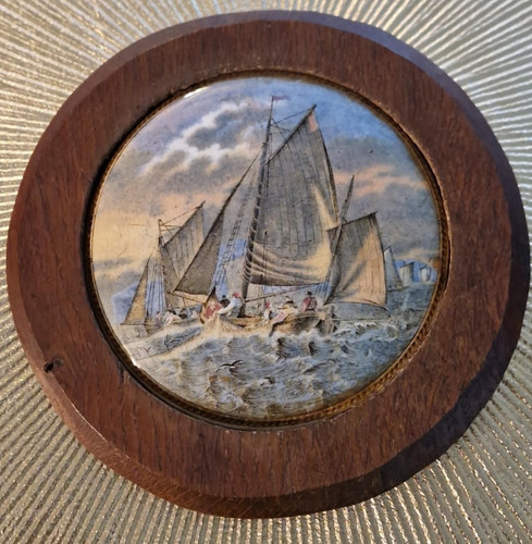 Antique wood framed pot lid - framed,