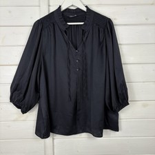 M&S Top Womens Size UK 22 Navy Blue Satin Blouse Ruffle Neck Evening Occasion
