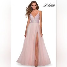 NWT La Femme Light Pink Deep Neckline Sequin Embellish Prom Dress 2 Style 28464