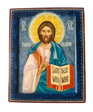 Orthodox Catholic Hand Painted Egg Tempera On Wood Icon Jesus Christ Pantocrator