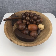 Vintage Hand Carved Wooden Fruit With Large Bowl Grapes Apples Pears Banana