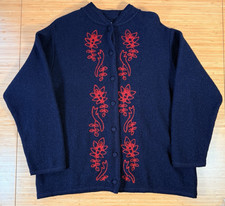 EWM 100% Boiled Wool Cardigan Jacket Black Red Embroidery Buttons 18 20 Large