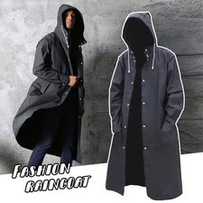 Mens Waterproof Long Raincoat Rain Coat Black Hooded Trench Jacket OutdoorHiking