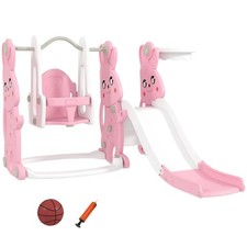 AIYAPLAY 4 in 1 Kids Slide and Swing Set with Climber, Basketball Hoop, Pink