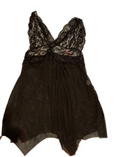 womens black  baby doll nightie see through with opaque overlay + thong size 12 