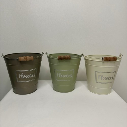 Three small metal buckets - three,