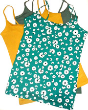 Next Essentials 3 x Vests khaki green mustard floral cotton cami tops Size 8 New