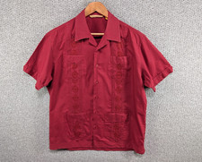 The Havanera Men's Red Guayabera Cuban Style Embroidered Casual Button Shirt M