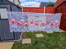 White & Red Poppy Lace Net Curtain Panel 145cm x 44cm Scalloped Edge
