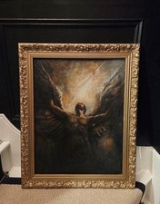 Hand Painted Painted Angel  (Oil On Canvas)  In Vintage Gilt Barroque Frame.
