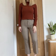 ZARA beige dog tooth checked straight legged trousers UK size S (8) 