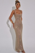 Sequin Mesh Maxi Dress, Low Backless Gown, Party Dress, Glamour，Sling