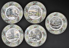 Antique Adams England WINTER SCENES Holly & Misteltoe Dinner Plates Set of Five