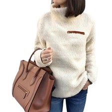 Womens Winter Warm High Neck Pullover Jumper Ladies Thick Fluffy Fleece Sweater