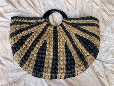 Vtg Look Woven Straw Crescent Shape Rattan Basket Bag Handbag Bohemian Jute Tote