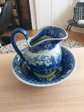 Vintage Victoria Ware Blue & White Ironstone Water Pitcher Jug & Basin Bowl Set