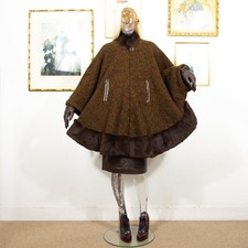 Vintage Wool Cape with Real Fur Trim – 1960s Brown Tweed Cloak Elegant Statement