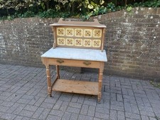 Antique Victorian Marble Top Washstand with Floral Tile Back