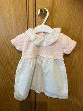 Sardon white lined cotton dress with pink knitted top, matching knickers 6m New