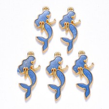 Enamel charms BLUE MERMAID with gold base 29x13mm 10pcs E51