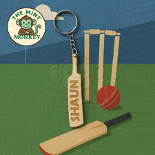 Personalised Cricket bat keychain, handmade engraved gift, birthday