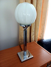 Art Deco Table Lamp 1930s, square stem in chrome with glass ribbbed shade