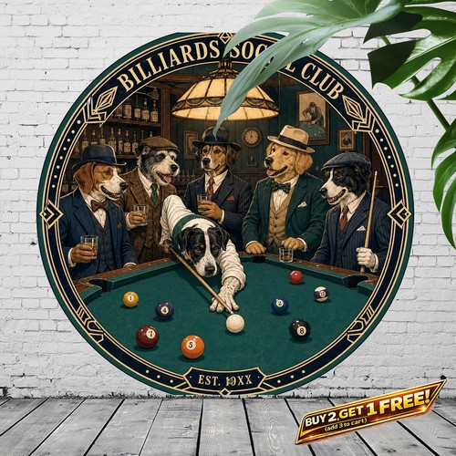 Dogs playing pool tin sign - dogs,