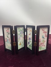 Miniature Asian Folding Tabletop Shoji Screen Hand-painted Two Sided Vtg Birds