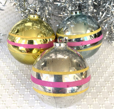 Vintage 1950s Striped Metallic Plastic Christmas Baubles Mid Century Retro USA