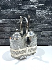 Vintage Reims France Glass Preserve Jars Condiment Set On Silver Stand Spoon Set