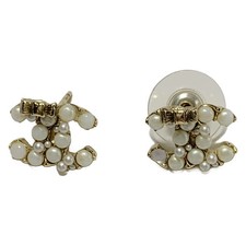 Auth CHANEL Coco - Light Gold White Hardware Faux Pearl Earrings