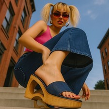 Spice Girls 90s Y2K Denim Wood Cutout Slide Platforms Size 9