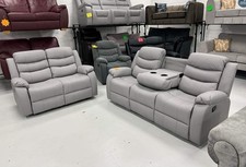 Roma | Light Grey | Leather Recliner Sofa 3+2 Seater With Cup Holders